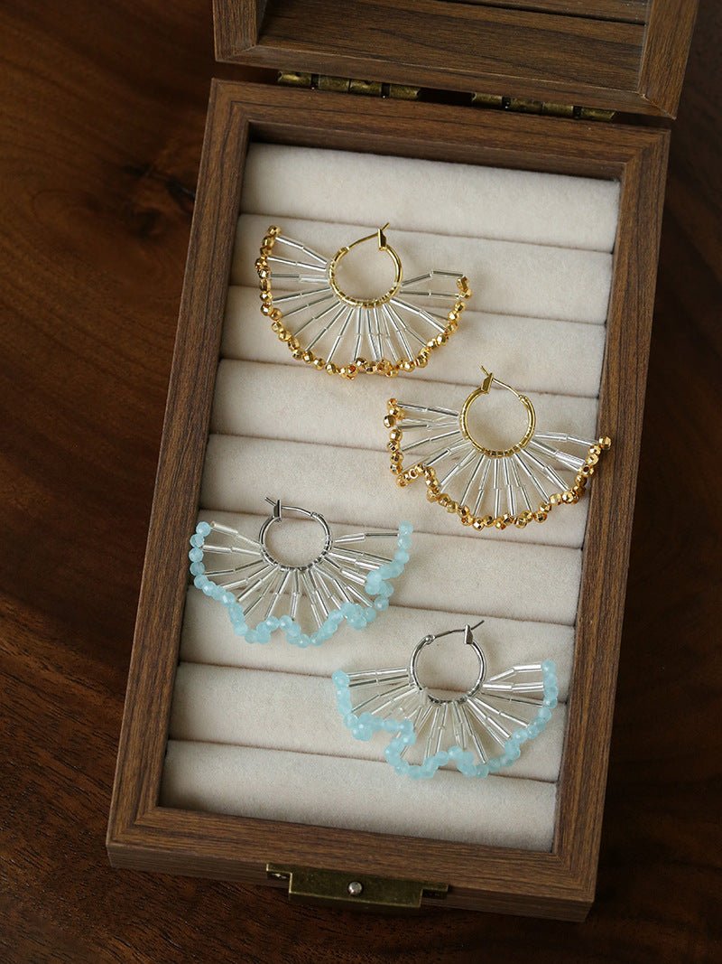 Artisanal Woven Bead Fan Hoop Earrings - 18K Gold Plated Brass & Opalite Statement Dangle Earrings - floysun