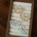 Artisanal Woven Bead Fan Hoop Earrings - 18K Gold Plated Brass & Opalite Statement Dangle Earrings - floysun