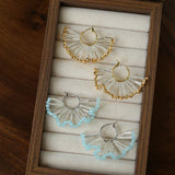 Artisanal Woven Bead Fan Hoop Earrings - 18K Gold Plated Brass & Opalite Statement Dangle Earrings - floysun