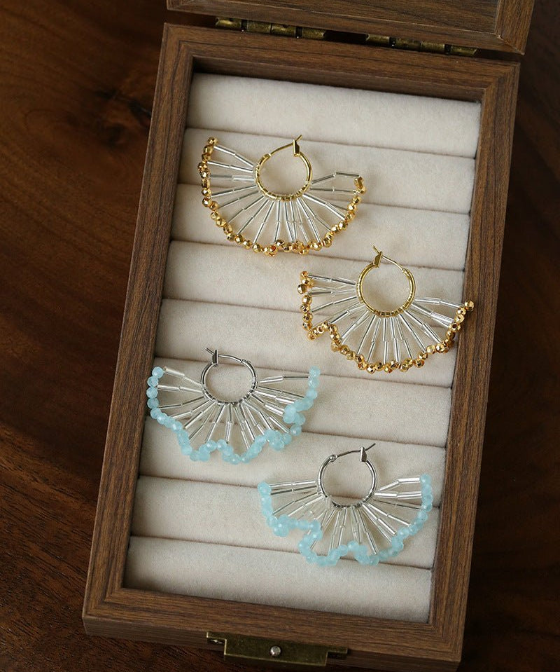 Artisanal Woven Bead Fan Hoop Earrings - 18K Gold Plated Brass & Opalite Statement Dangle Earrings - floysun