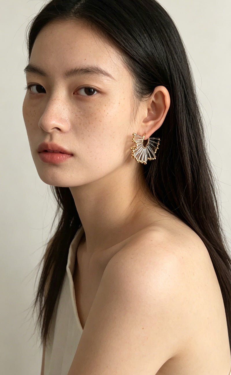 Artisanal Woven Bead Fan Hoop Earrings - 18K Gold Plated Brass & Opalite Statement Dangle Earrings - floysun