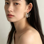Artisanal Woven Bead Fan Hoop Earrings - 18K Gold Plated Brass & Opalite Statement Dangle Earrings - floysun