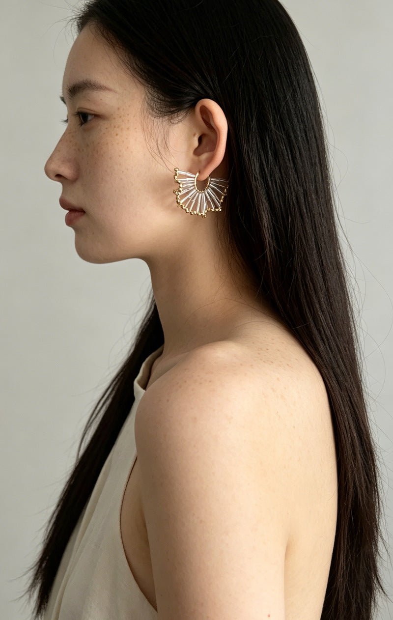 Artisanal Woven Bead Fan Hoop Earrings - 18K Gold Plated Brass & Opalite Statement Dangle Earrings - floysun