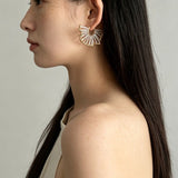 Artisanal Woven Bead Fan Hoop Earrings - 18K Gold Plated Brass & Opalite Statement Dangle Earrings - floysun