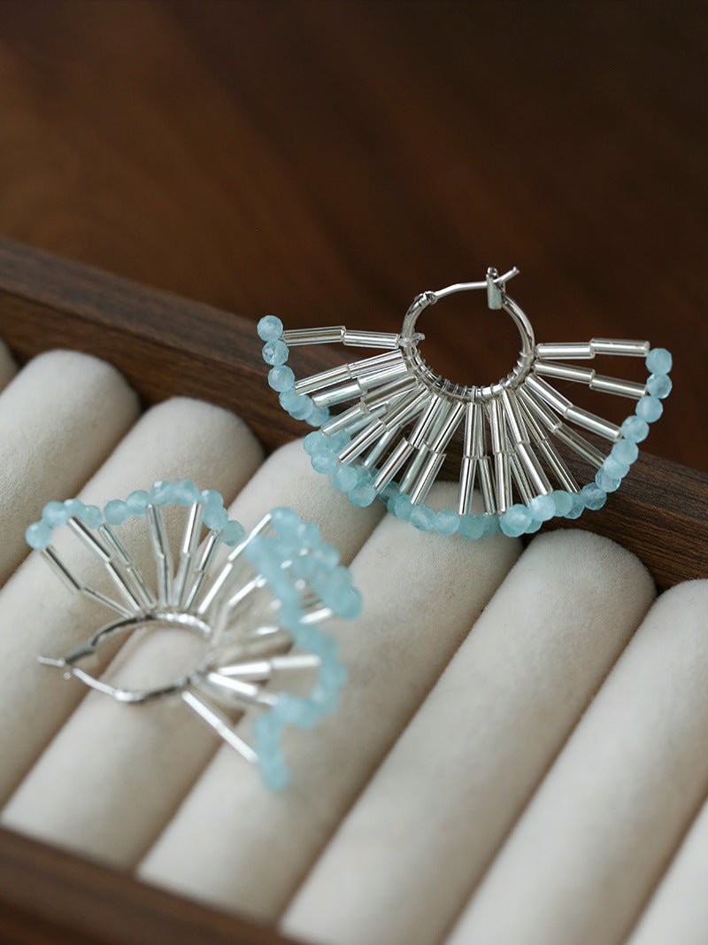 Artisanal Woven Bead Fan Hoop Earrings - 18K Gold Plated Brass & Opalite Statement Dangle Earrings - floysun