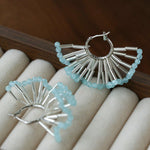 Artisanal Woven Bead Fan Hoop Earrings - 18K Gold Plated Brass & Opalite Statement Dangle Earrings - floysun