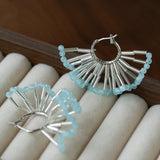Artisanal Woven Bead Fan Hoop Earrings - 18K Gold Plated Brass & Opalite Statement Dangle Earrings - floysun