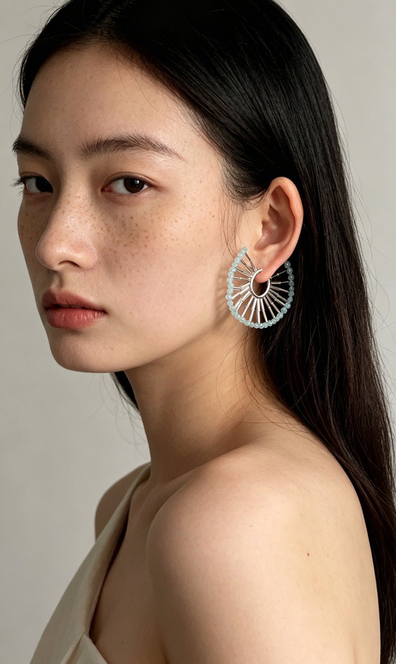 Artisanal Woven Bead Fan Hoop Earrings - 18K Gold Plated Brass & Opalite Statement Dangle Earrings - floysun