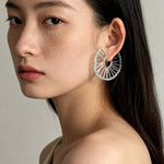 Artisanal Woven Bead Fan Hoop Earrings - 18K Gold Plated Brass & Opalite Statement Dangle Earrings - floysun