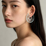 Artisanal Woven Bead Fan Hoop Earrings - 18K Gold Plated Brass & Opalite Statement Dangle Earrings - floysun