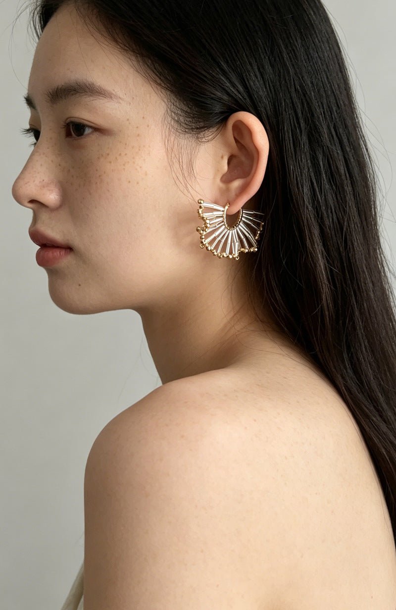 Artisanal Woven Bead Fan Hoop Earrings - 18K Gold Plated Brass & Opalite Statement Dangle Earrings - floysun