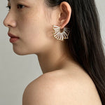 Artisanal Woven Bead Fan Hoop Earrings - 18K Gold Plated Brass & Opalite Statement Dangle Earrings - floysun