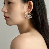 Artisanal Woven Bead Fan Hoop Earrings - 18K Gold Plated Brass & Opalite Statement Dangle Earrings - floysun