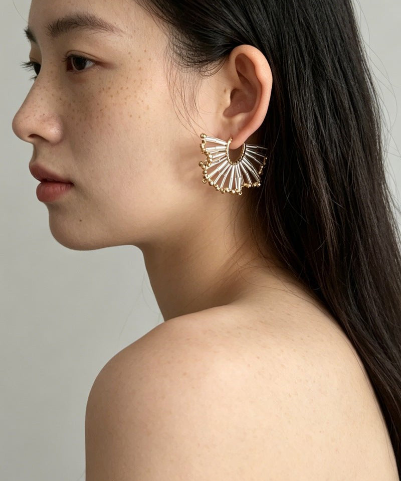 Artisanal Woven Bead Fan Hoop Earrings - 18K Gold Plated Brass & Opalite Statement Dangle Earrings - floysun