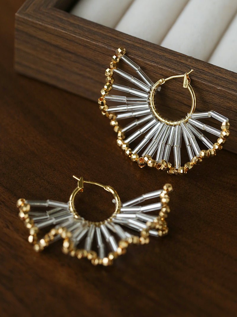 Artisanal Woven Bead Fan Hoop Earrings - 18K Gold Plated Brass & Opalite Statement Dangle Earrings - floysun