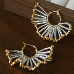 Artisanal Woven Bead Fan Hoop Earrings - 18K Gold Plated Brass & Opalite Statement Dangle Earrings - floysun