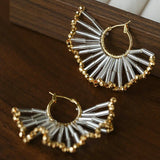 Artisanal Woven Bead Fan Hoop Earrings - 18K Gold Plated Brass & Opalite Statement Dangle Earrings - floysun
