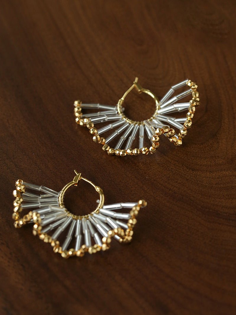Artisanal Woven Bead Fan Hoop Earrings - 18K Gold Plated Brass & Opalite Statement Dangle Earrings - floysun