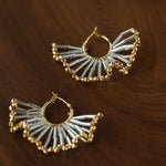 Artisanal Woven Bead Fan Hoop Earrings - 18K Gold Plated Brass & Opalite Statement Dangle Earrings - floysun