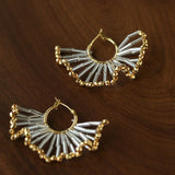Artisanal Woven Bead Fan Hoop Earrings - 18K Gold Plated Brass & Opalite Statement Dangle Earrings - floysun
