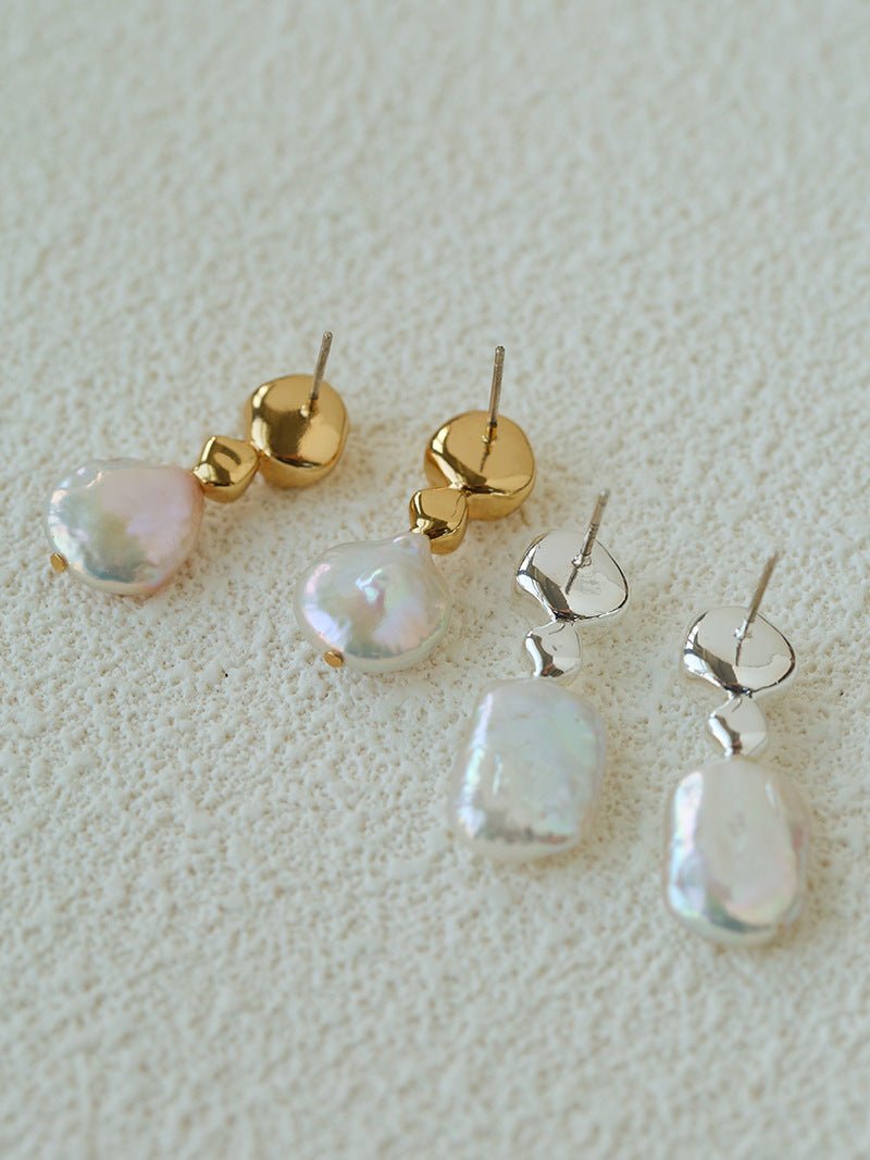Artistic Irregular Sculpt Metal Baroque Pearl Dangle Earrings - floysun