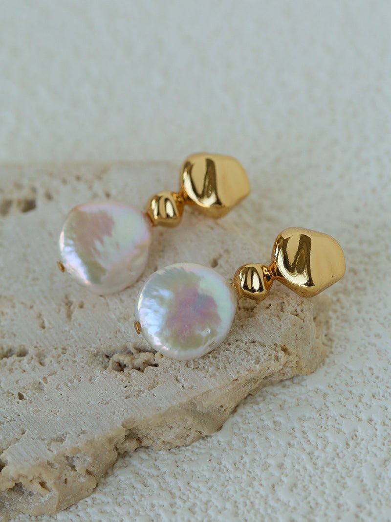 Artistic Irregular Sculpt Metal Baroque Pearl Dangle Earrings - floysun
