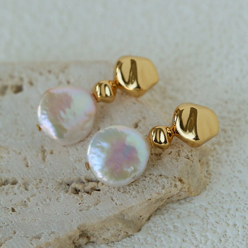 Artistic Irregular Sculpt Metal Baroque Pearl Dangle Earrings - floysun