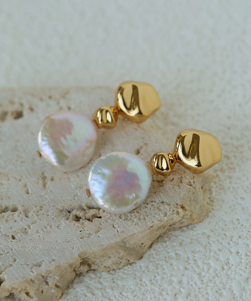 Artistic Irregular Sculpt Metal Baroque Pearl Dangle Earrings - floysun