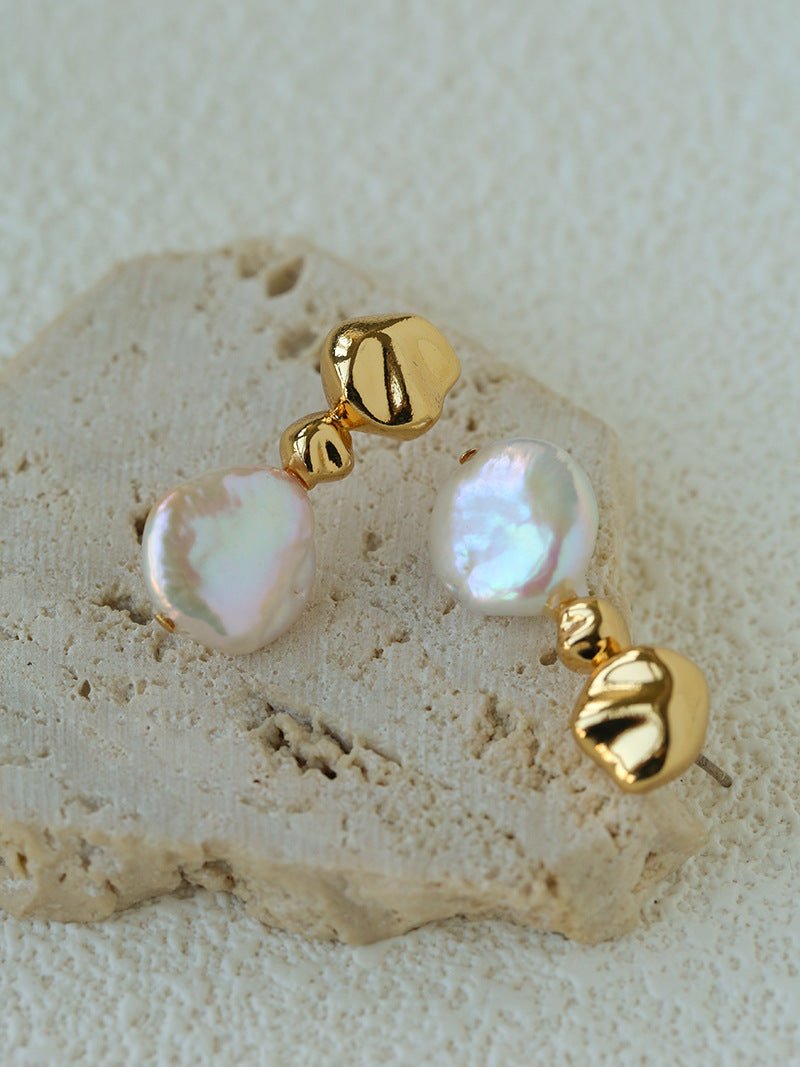 Artistic Irregular Sculpt Metal Baroque Pearl Dangle Earrings - floysun