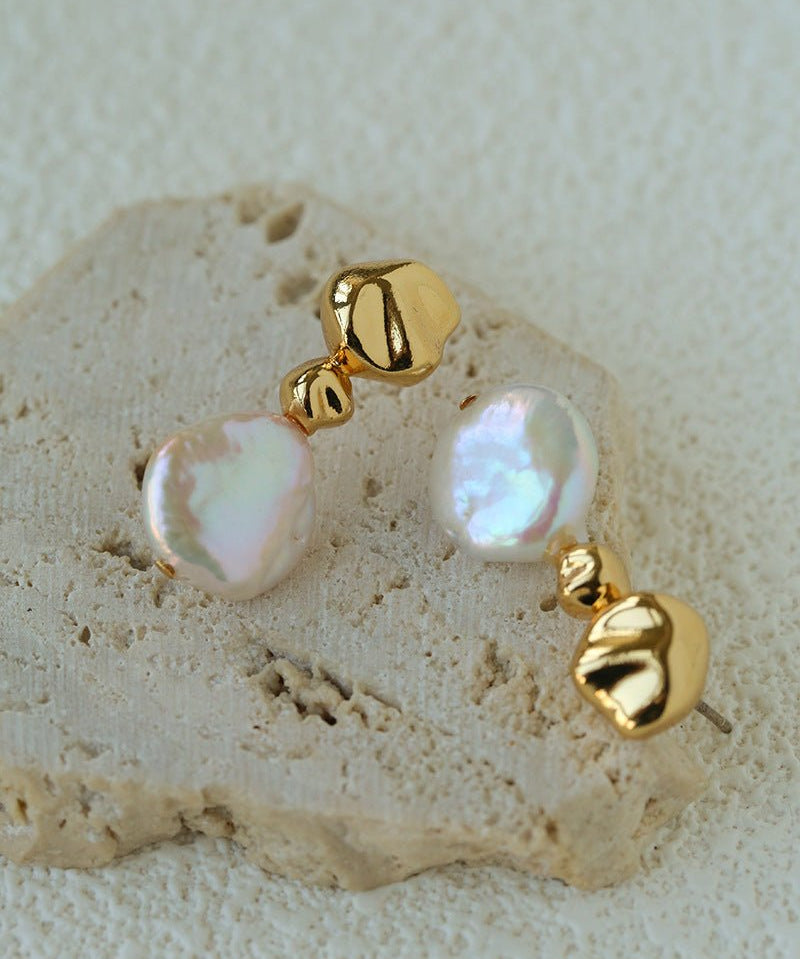 Artistic Irregular Sculpt Metal Baroque Pearl Dangle Earrings - floysun