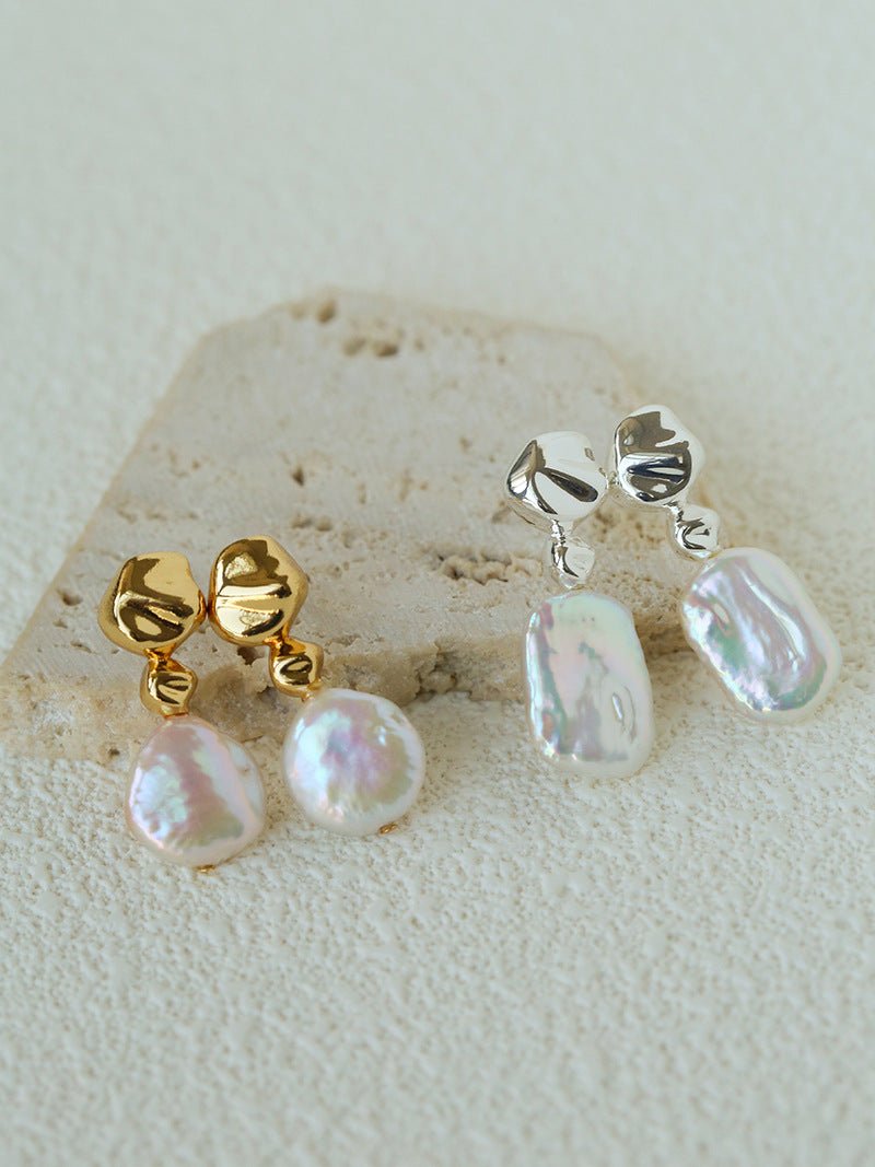 Artistic Irregular Sculpt Metal Baroque Pearl Dangle Earrings - floysun