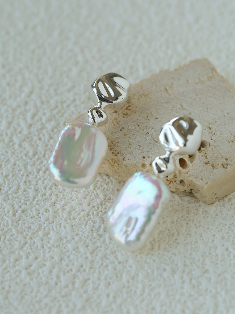 Artistic Irregular Sculpt Metal Baroque Pearl Dangle Earrings - floysun