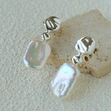 Artistic Irregular Sculpt Metal Baroque Pearl Dangle Earrings - floysun