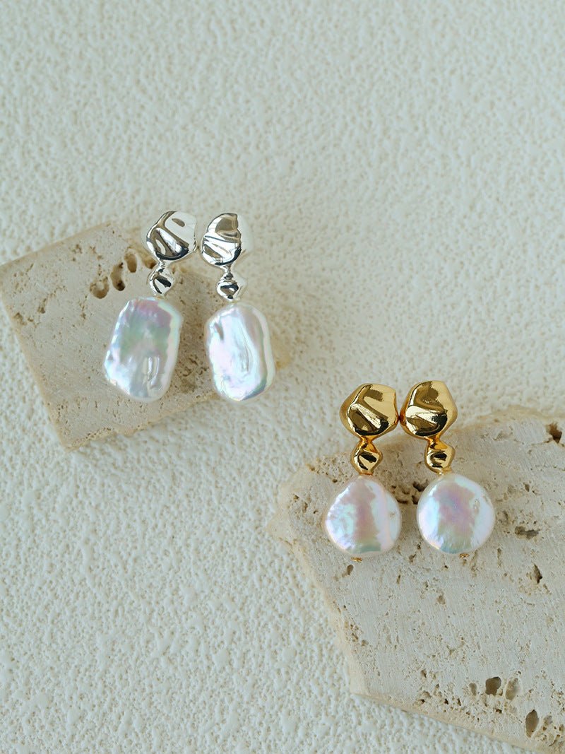 Artistic Irregular Sculpt Metal Baroque Pearl Dangle Earrings - floysun