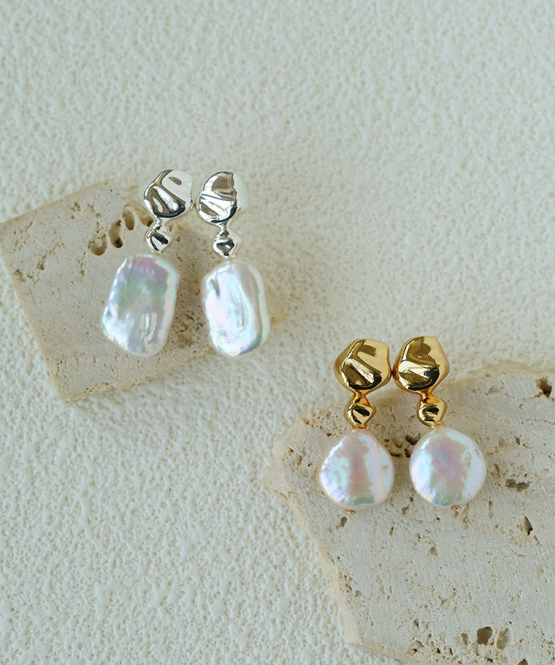 Artistic Irregular Sculpt Metal Baroque Pearl Dangle Earrings - floysun