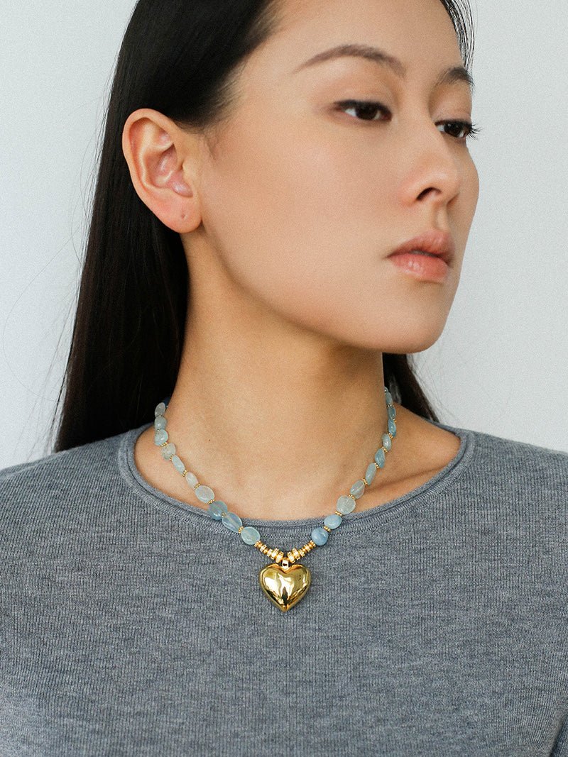 Asymmetric Aquamarine Heart Pendant Necklace - floysun