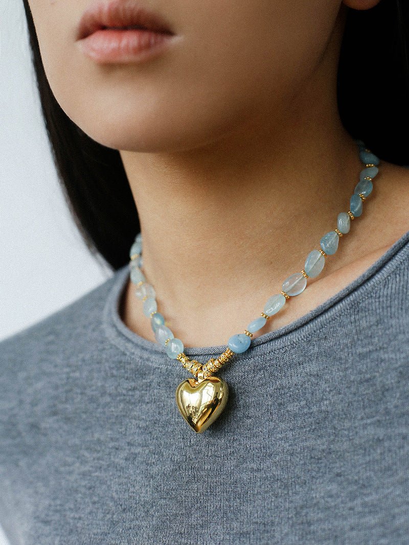 Asymmetric Aquamarine Heart Pendant Necklace - floysun