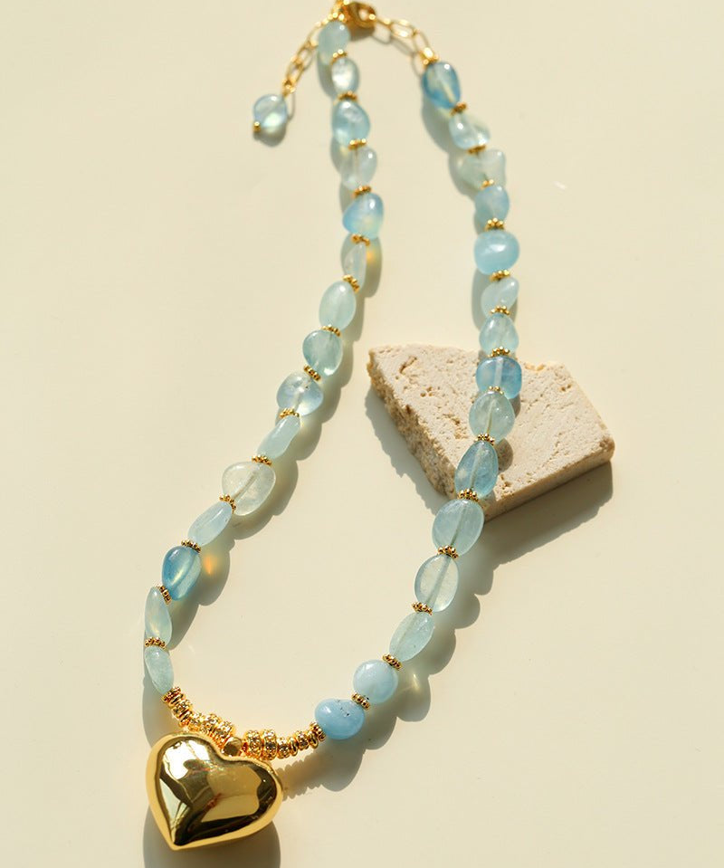 Asymmetric Aquamarine Heart Pendant Necklace - floysun
