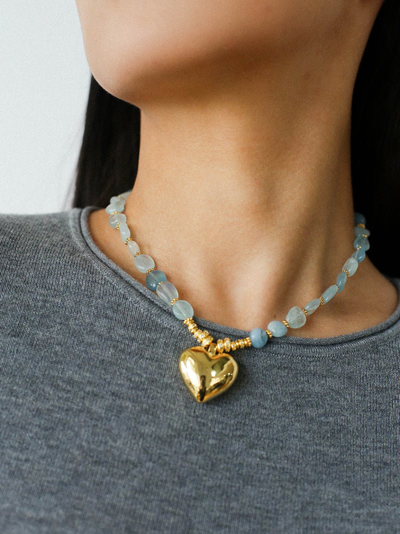 Asymmetric Aquamarine Heart Pendant Necklace - floysun