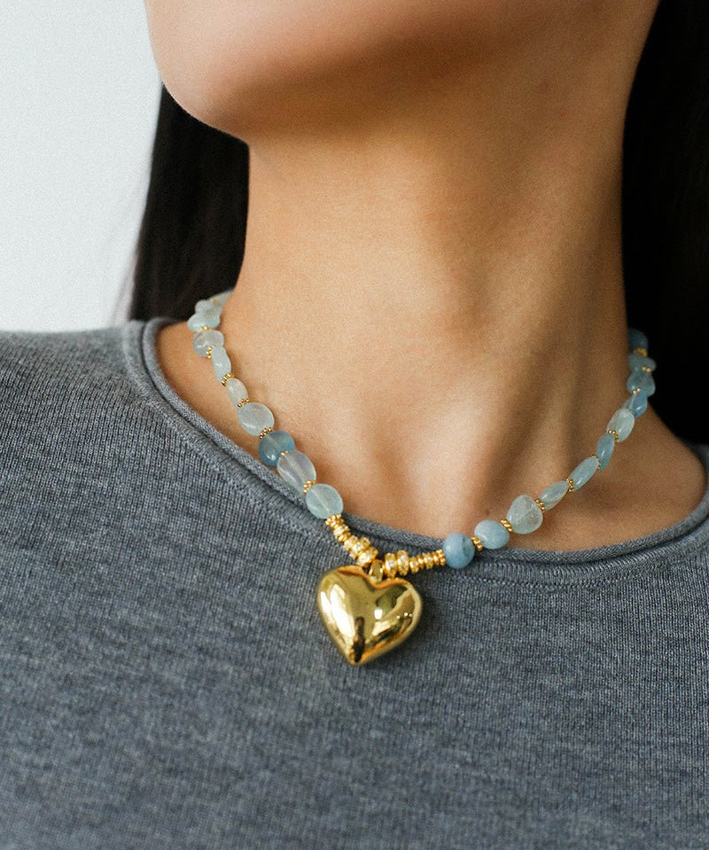 Asymmetric Aquamarine Heart Pendant Necklace - floysun