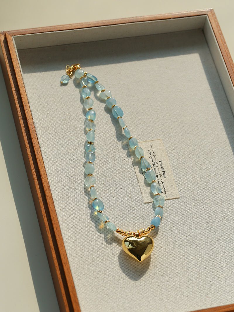 Asymmetric Aquamarine Heart Pendant Necklace - floysun