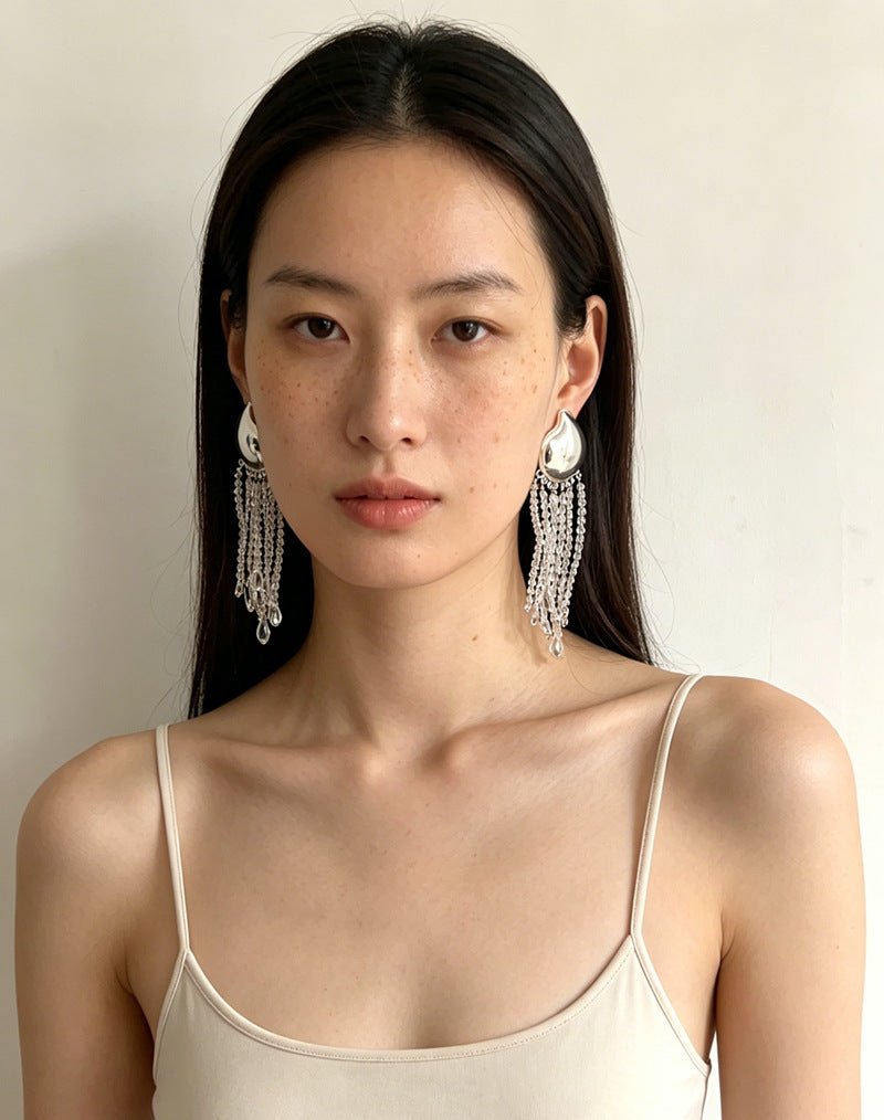 Asymmetric Polished Silver Leaf Long Tassel Earrings - floysun