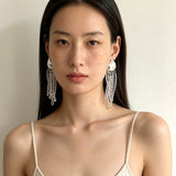 Asymmetric Polished Silver Leaf Long Tassel Earrings - floysun