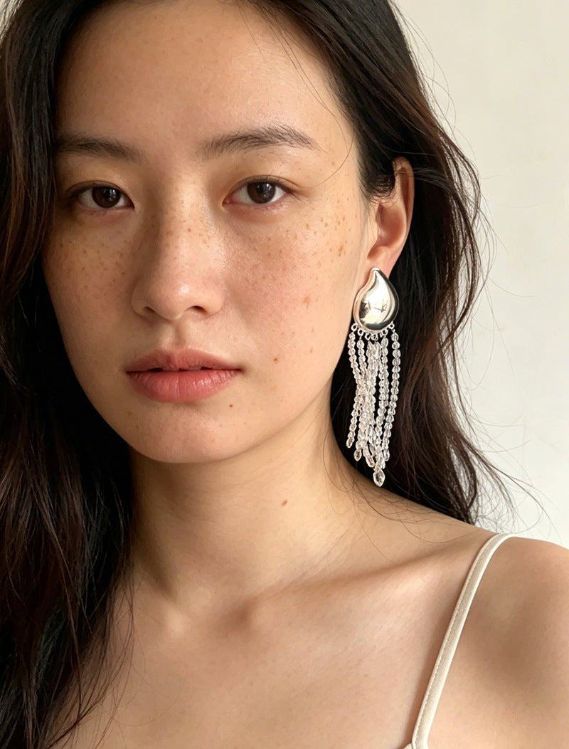 Asymmetric Polished Silver Leaf Long Tassel Earrings - floysun