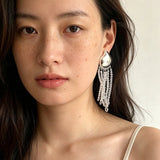 Asymmetric Polished Silver Leaf Long Tassel Earrings - floysun