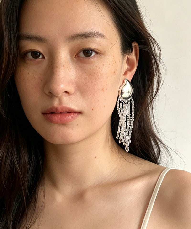 Asymmetric Polished Silver Leaf Long Tassel Earrings - floysun