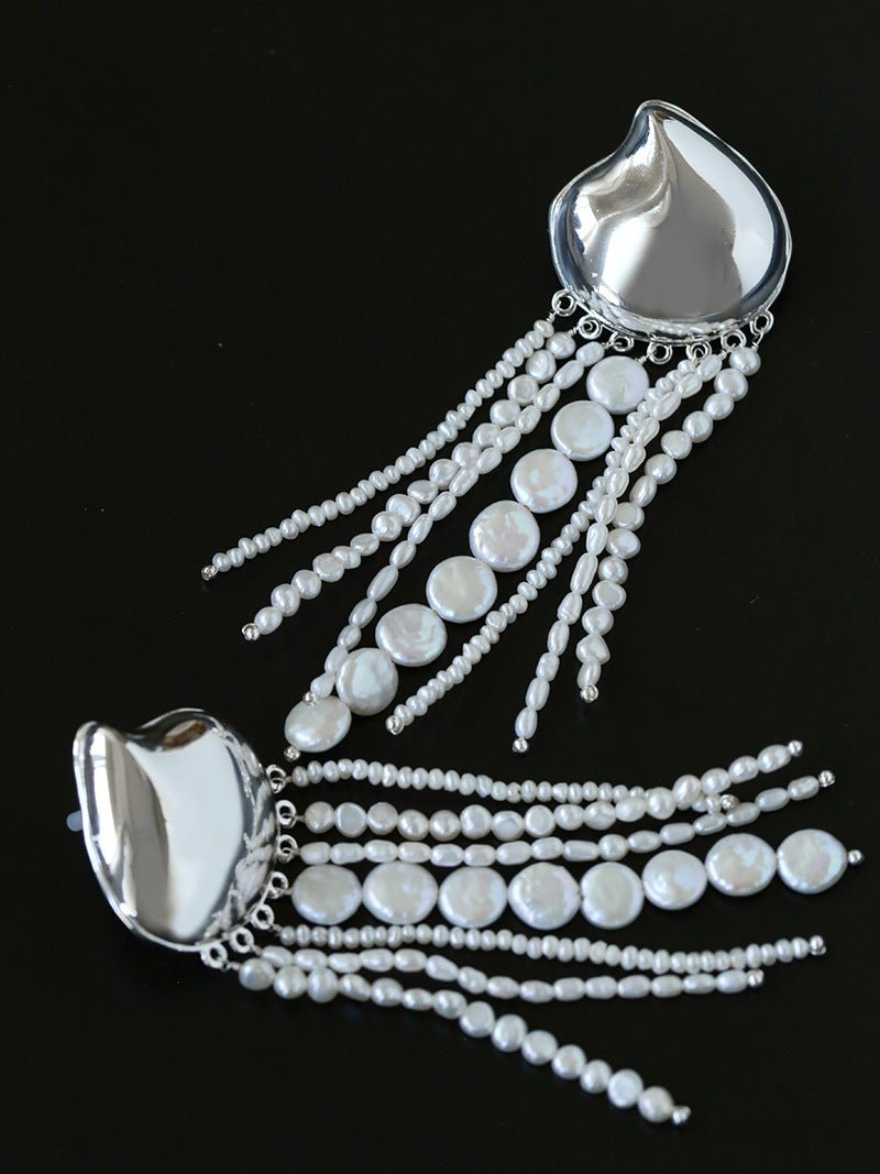 Asymmetric Polished Silver Leaf Long Tassel Earrings - floysun