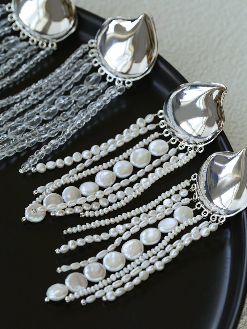 Asymmetric Polished Silver Leaf Long Tassel Earrings - floysun