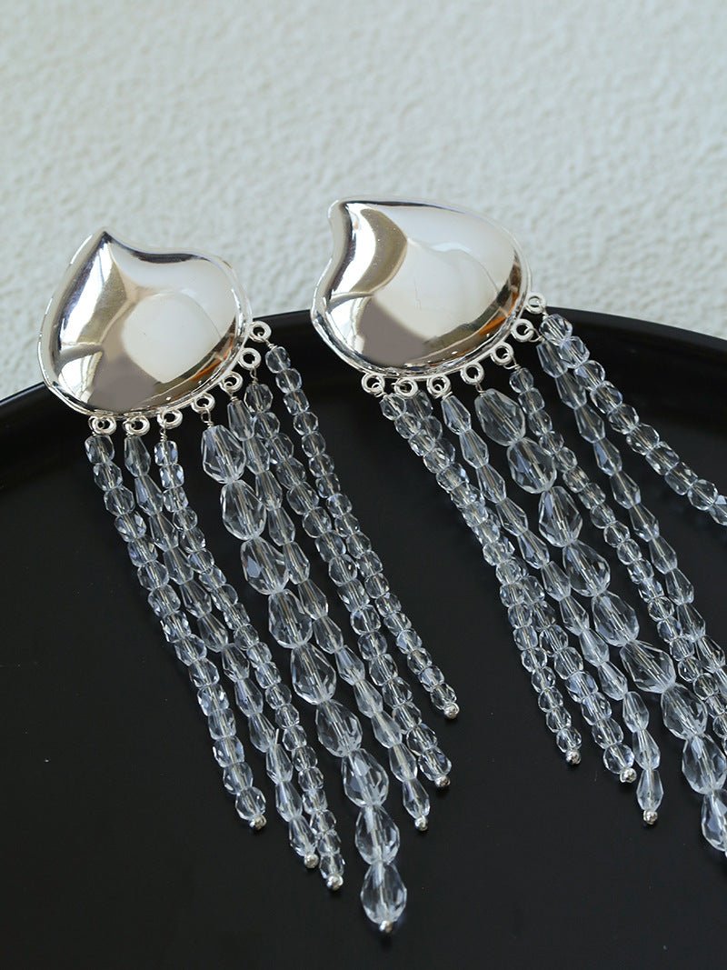 Asymmetric Polished Silver Leaf Long Tassel Earrings - floysun