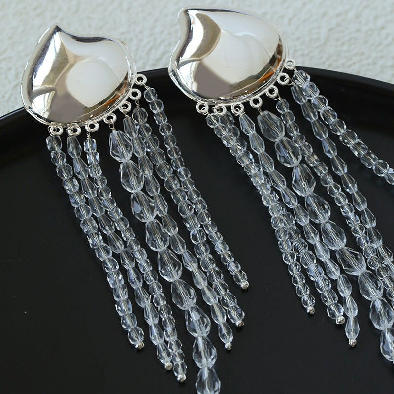 Asymmetric Polished Silver Leaf Long Tassel Earrings - floysun